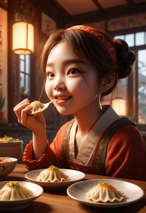 In a cozy setting, a girl savors a delectable dumpling, her expression reflecting the joy of indulging in this beloved culinary delight, octane render, enhance, intricate, (masterpiece, Representative work, official art, Professional, unity 8k wallpaper:1....