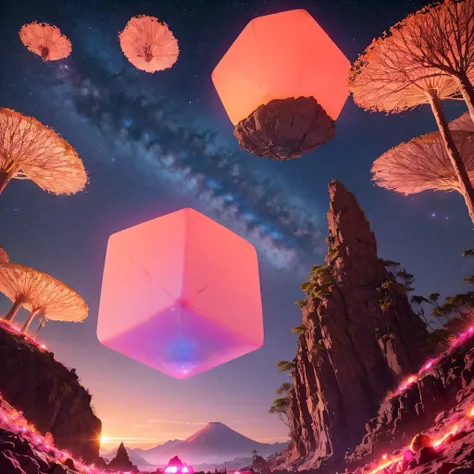 Light orange style，Purple pink series，Alien Hexagonal Base (Nipples are very delicate) In a hexagonal mountain oasis，There are several hexagonal exhaust fans and chimneys, some neon lights project from the base，Light up the night), There are some clouds in...