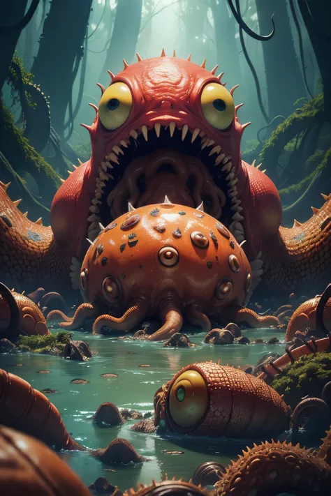 full wide shot of a 20 foot worm full body,homer simpson,Peruvian Thorn Bug,vomit,scaly foot gastropod with tentacles,huge eye,full shot,landscape,octopi,lots of slime,bone & teeth,Pitted Keratolysis skin,lots of drool,octopi,tentacles,flooded forest floor...