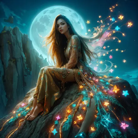 a woman with gigantic breast sitting on a rock with a full moon in the background, digital art fantasy, beautiful fantasy art, d...