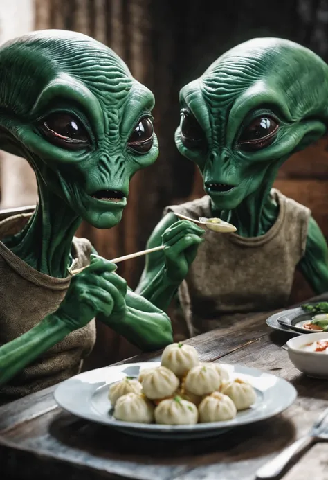 Aliens sitting at the table, the aliens look hungry, (Aliens), aliens are drooling, aliens eat dumplings