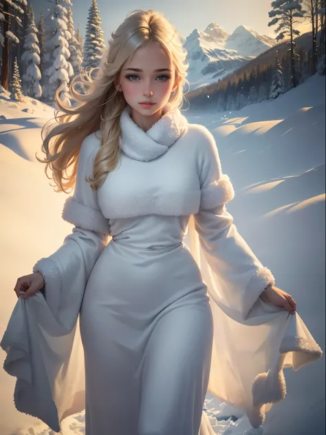 beautiful woman,blonde hair,bronzed skin,figure revealed,standing in snow,pride,confidence,vibrant colors,winter scenery,(best quality,4k,8k,highres,masterpiece:1.2),ultra-detailed,(realistic,photorealistic,photo-realistic:1.37),oil painting,stunning detai...