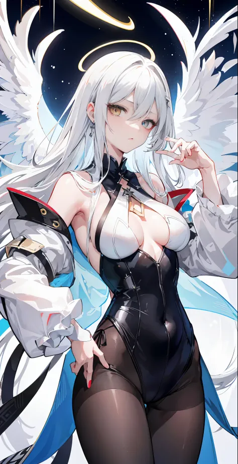 light skin color, white hair color long hair, Bigchest, 1:70, Facing the camera，Raised sexy的，mature and charming，Raised sexy，Nero，White wings, angelicales跪着, Overhead halo, yellow eyes, Raised sexy的姿势, angelicales, 26 year old, angelicales标记,hyper HD， Whit...