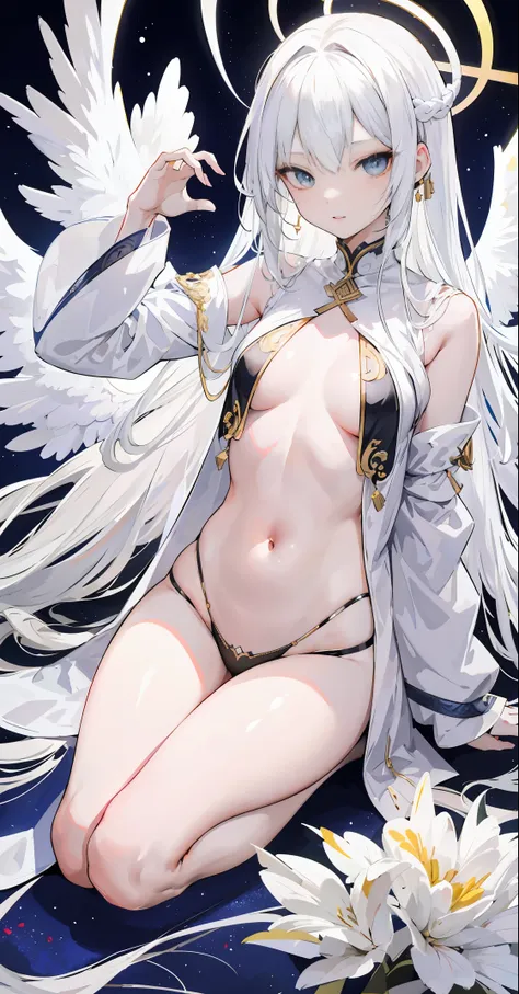 light skin color, white hair color long hair, Bigchest, 1:70,sitted，Erlang legs，long legeull bodyesbian，sexy for，the shy，Nero，White wings, angelicales蹲着, Overhead halo, yellow eyes, sexy for姿势, angelicales,  angelicales标记,hyper HD， White hair, eBlue eyes.