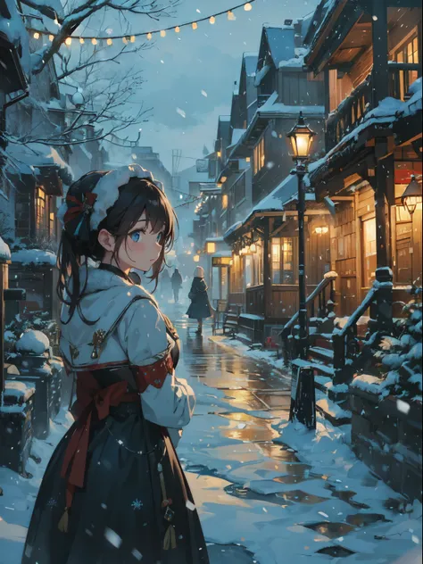 Captivating, mood-setting illustration with a winter theme BREAK An over-the-shoulder perspective showing the character looking down a snowy, lamp-lit street BREAK A young woman in traditional attire with a thoughtful expression, standing in a snow-covered...