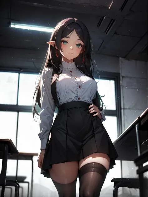 best quality、Full members、complete fingers、Sexy beauty big breasts, shirt buttons open, 1 person、ssmile、double teeth、shy expression、School clothes、knee high、straighten legs、Place hands on hips, in a quiet classroom.