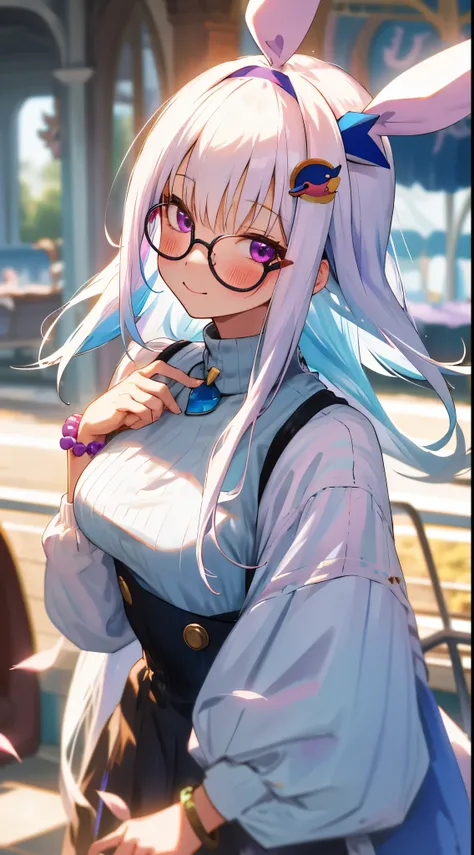 One girl with long hair, bangs, white hair, blue inner hair:1.25) , purple eyes, looking at viewer, blushing, little smile, sweaters, bunny headband, glasses, outdoor, bracelet, dating, standing, Amusement park, dizzy, mid-chest, day atmosphere, hair ornam...