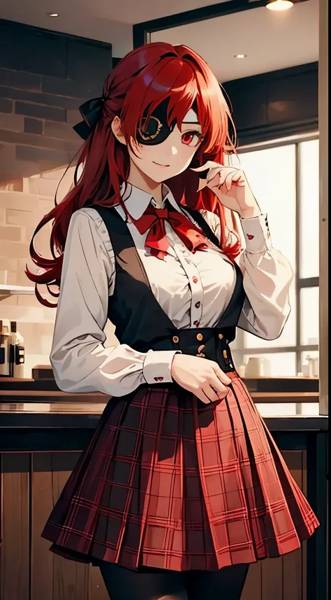 ((best quality)), ((masterpiece)), (detailed), perfect face, ((eyepatch:1.2)), (long hair:1.4), (red hair, red eyes:1.4), 1girl, solo, skirt, shirts, vest, legging, white shirts, Button-up shirts, black vest, smile, outdoors, black skirt, looking at viewer...