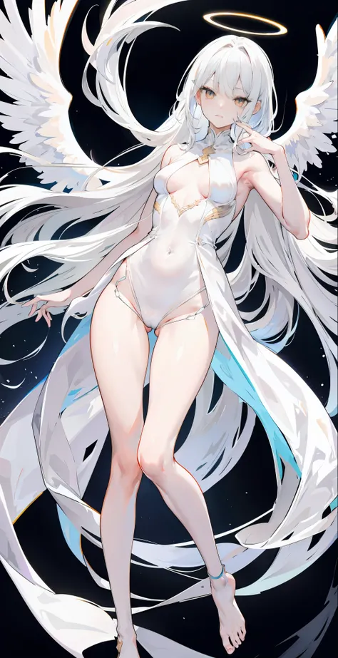 light skin color, white hair color long hair, Bigchest, 1:70,Full body photo，Slim body，dont have clothes，Less sexy clothes，the shy，White wings, angelicales趴着, Overhead halo, yellow eyes, a sexy pose, angelicales,  angelicales标记,hyper HD， White hair, eBlue ...