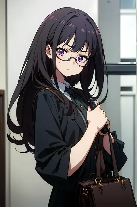 (8K Ultra High-Quality) (Masterpieces) (Image) (人物: Takina Inoue) 1 Girl, Purple eyes colors, wearing black suit, wearing glasses, carrying bag, holding Pistol left hand, serious face, viewer from downside.