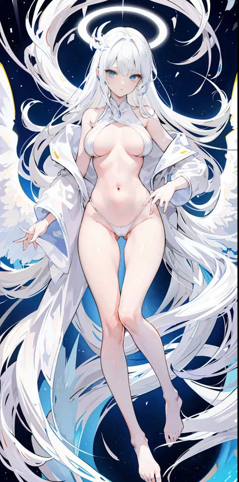 light skin color, white hair color long hair, Bigchest, 1:70,Full body photo，Slim body，dont have clothes，Less sexy clothes，the shy，White wings, angelicales趴着, Overhead halo, yellow eyes, a sexy pose, angelicales,  angelicales标记,hyper HD， White hair, eBlue ...