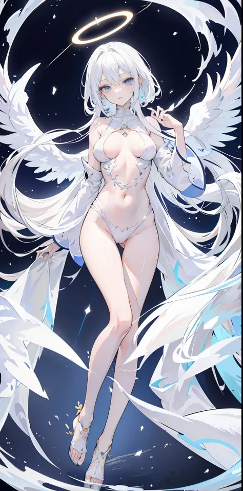 light skin color, white hair color long hair, Bigchest, 1:70,Full body photo，Slim body，dont have clothes，Less sexy clothes，the shy，White wings, angelicales趴着, Overhead halo, yellow eyes, a sexy pose, angelicales,  angelicales标记,hyper HD， White hair, eBlue ...