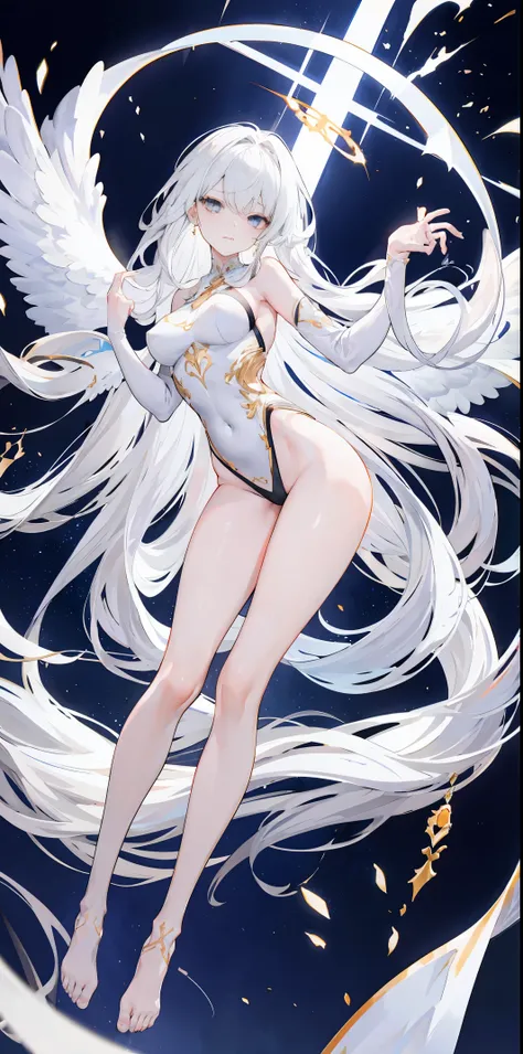 light skin color, white hair color long hair, Bigchest, 1:70,Full body photo，blacksilk，The clothes ar，Slim body，没有The clothes ar，The clothes ar少性感的，the shy，White wings, angelicales趴着, Overhead halo, yellow eyes, a sexy pose, angelicales,  angelicales标记,hyp...