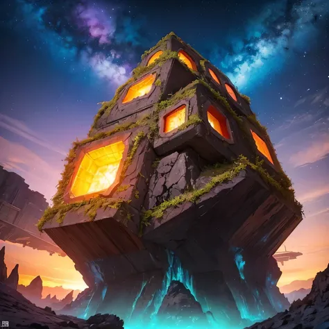 Alien Hexagonal Base (very detailed nipples) In a hexagonal mountain oasis，There are several hexagonal exhaust fans and chimneys, some neon lights projecting from the base，Light up the dark night), There are some clouds in the night sky, Some surrounding p...