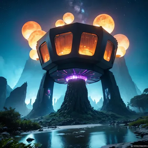 Alien Hexagonal Base (very detailed nipples) In a hexagonal mountain oasis，There are several hexagonal exhaust fans and chimneys, some neon lights projecting from the base，Light up the dark night), There are some clouds in the night sky, Some surrounding p...