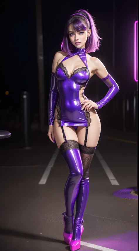 fashion modell, perfect  eyes, Perfect iris, Perfect lips, perfect teeth, flawless skin, Glow, (Subdued Color:1.2), Baby Face Woman, 
Gorgeous dress up, neon purple latex see-through lace dress, neon purple latex stockings, neon purple high heels,
Standing...