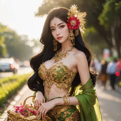 a close up of a woman with (((gigantic breast:1,9))) wearing a green dress and a flower in her hair, a beautiful fantasy empress...