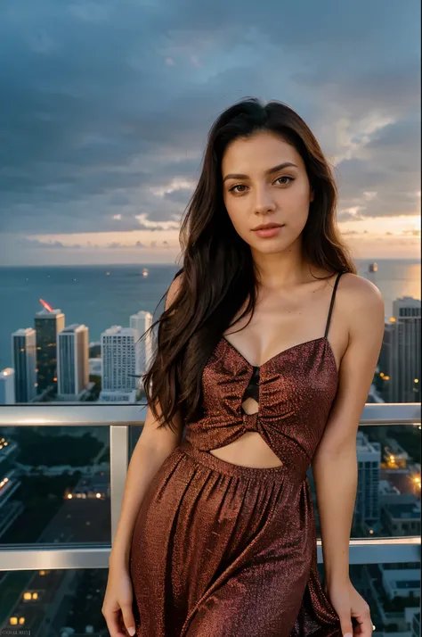 "(8k, RAW photo, highest quality, masterpiece: 1.2), 24 years old with dark hair and dark eyes, ultra-fine depiction, clearly visible, in her stylish penthouse suite in downtown Miami, overlooking the city skyline and the ocean, dressed in beautiful long b...