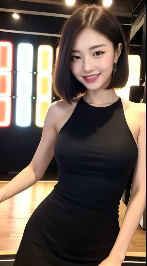 (best quality, 8k, masterpiece: 1.3), 1girl, slim abs beauty: 1.3, (hairstyle casual, big breasts: 1.2), dress: 1.1, super fine face, delicate eyes, double eyelids, in a dance bar, in a black dress, soft lighting, smiling, giving a sexy pose