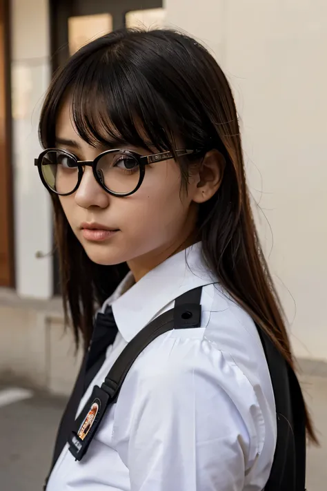 Una chica con pelo blanco y gafas negras. Con uniforme de jovencita japonesa.