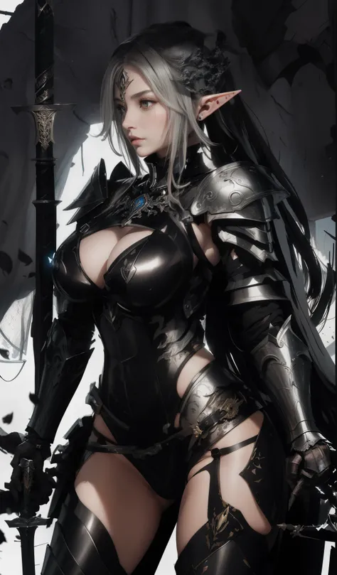 Completely different actions from the original picture，One in armor、Drawing of elf woman holding sword,Black cloth, long elf ears,biomechanical oppai, Thick armor,Half eye patch, ornate bikini armor, wearing shining breastplate, Wearing armor!!, thick blac...