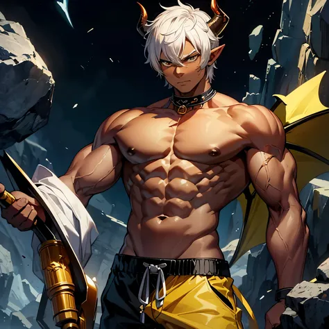 (masterpiece), best quality, expressive eyes, perfect face, 1boy, solo, muscle growth, (demon oni , oni horns, dark skinned boy), :/, pointy ears, white hair BREAK yellow shorts BREAK yellow and black background, rocks, abstract, standing