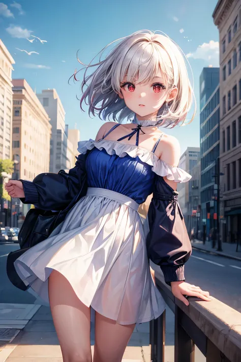 1 girl, short hair, white air, red eyes, blue dress, portrait, background city.