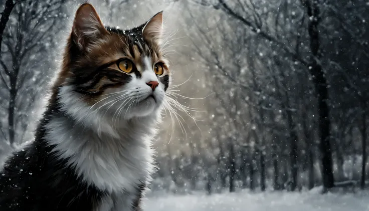 mj, RTX, 4k, HDR, golden ratio,, Anna Razumovskaya, Casey Baugh, Antonio Mora, Aminola Rezai, Giovanni Boldini, art, realistic art. cat, first snow, flakes, partial snow cover, film still, breathtaking, falling leaves, melancholic mood, natures farewell in...