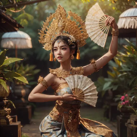 arafed woman with gigantic breast in a traditional thai costume holding a fan, traditional beauty, portrait shot, wearing an orn...