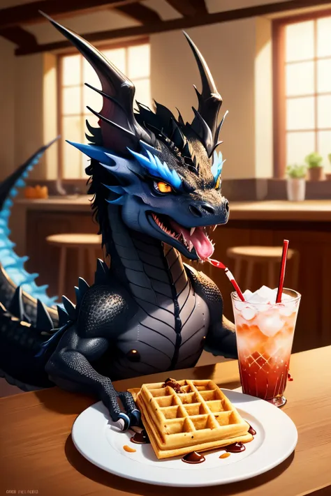 Make a cute black dragon eating a waffle and an Italian soda more cute cartoon