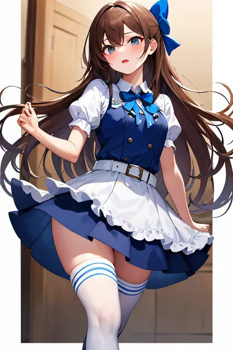 masterpiece, best quality, highres, hmarisu, long hair, hair bow, blue bow, blue dress, collared dress, short sleeves, puffy sleeves, belt, blue skirt, white knee socks, high heels, cowboy shot, standing,