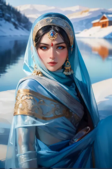 Craft an portrait art of a captivating Russian Hindu woman in a saree, surrounded by the frozen landscapes of Lake Baikal in winter. ((Blue eyes)). Play with the reflection of icy surfaces and the womans warmth to create a mesmerizing visual contrast.