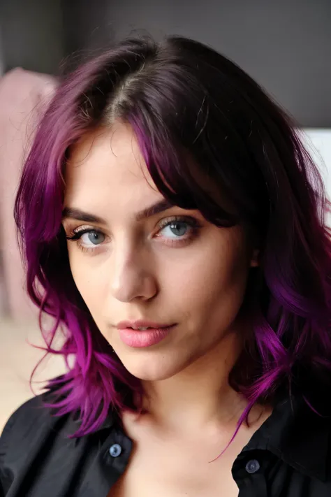 ((best quality)), ((masterpiece)), (detailed), perfect face, night, 22 years girl , beautiful eyes, big eyes, beautiful face,hot girl, black and magenta hairs,medium round boobs, big ass, wearing shirt, model pose, photorealistic, shadows,wearing party dre...