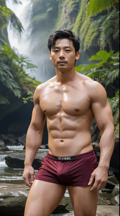 Korean man, 50 years old, brown eyes, black eyebrows, mustache, gray hair, hair parted in the middle, lips, high nose, good figure, chubby body, bear body, a little fat, big muscles, has muscles above....Good muscles, arm muscles, leg muscles, big and stro...