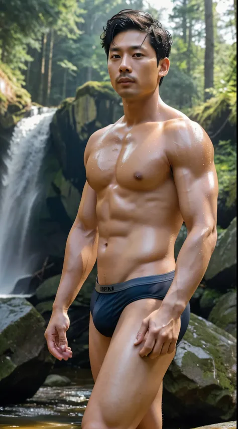 Korean man, 50 years old, brown eyes, black eyebrows, mustache, gray hair, hair parted in the middle, lips, high nose, good figure, chubby body, bear body, a little fat, big muscles, has muscles above....Good muscles, arm muscles, leg muscles, big and stro...