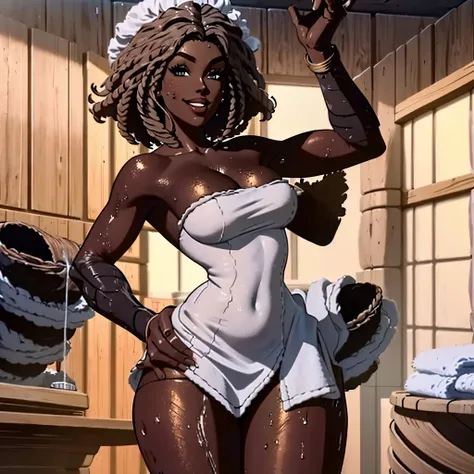 create an image animation style character dark-skinned afro black woman dark-skinned woman wearing a towel coming out of the bat...