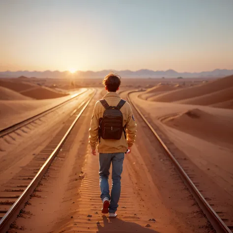 young  boy walks sadly on train tracks, over red earth towards sunset, distant desert, realistic photo --auto --s2