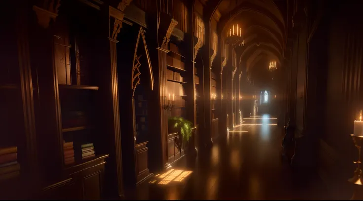 there is a long narrow hallway with a lot of books on it, water on the floor, dark,  alchemist library background, gothic epic library concept, gothic epic library, unreal engine render concept art, dusty library, standing inside a magic library, ancient l...