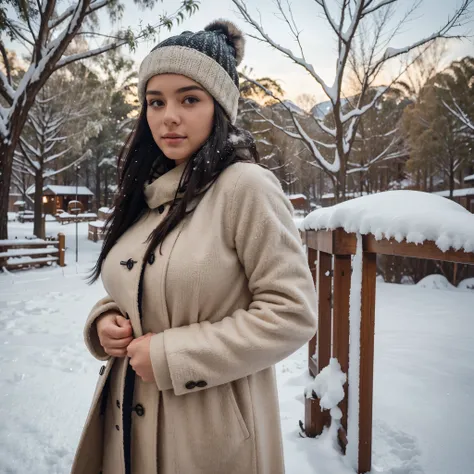 candid selfie of a 24 year old Australian girl, beautiful symmetric face, side profile, long jet black hair, natural curves, natural big breasts, human realistic quality, covered body, in elegant winter coat and cute beanie, outside in the snow, facing the...