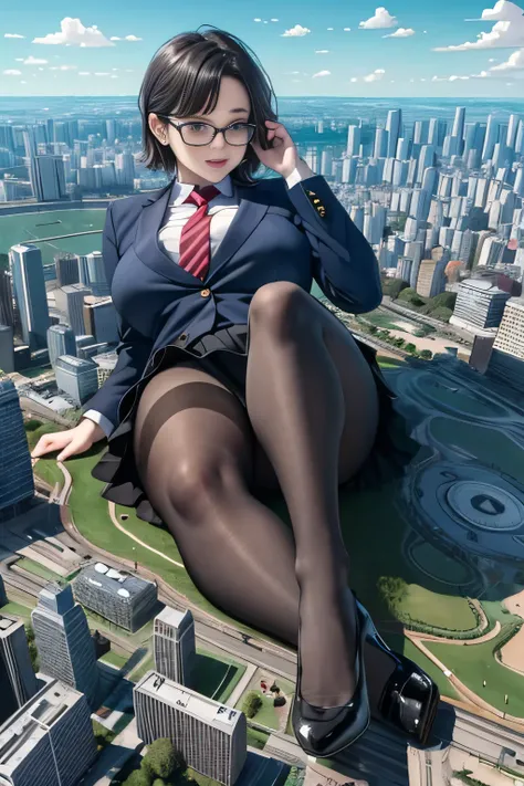 der riese art, a hyperrealistic schoolgirl, 非常に詳細なder rieseショット, der riese, Shorthair, Black pantyhose, A gigantic high school girl that exceeds a skyscraper, Wearing rimless glasses, Colossal tits, Navy blue blazer, Red tie, Mini Length Skirt, Black panty...