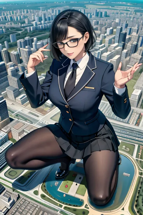 giantess art, a hyperrealistic schoolgirl, 非常に詳細なder rieseショット, der riese, shorthair, black pantyhose, a huge high school girl、&...