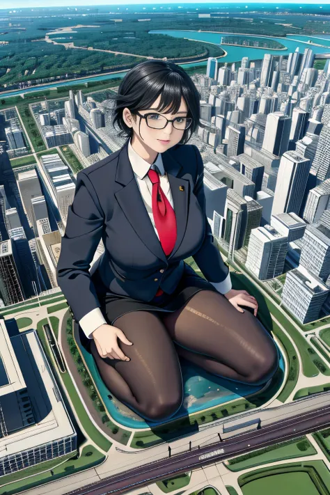 giantess art, a hyperrealistic schoolgirl, 非常に詳細なder rieseショット, der riese, shorthair, black pantyhose, a huge high school girl、&...