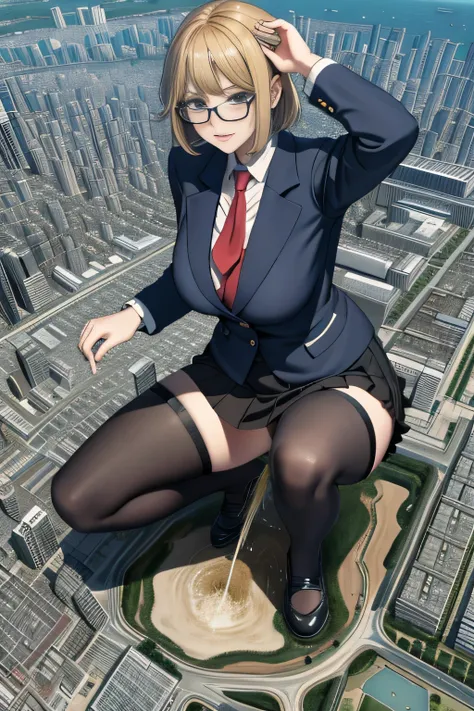 giantess art, a hyperrealistic schoolgirl, 非常に詳細なder rieseショット, der riese, shorthair, black pantyhose, a huge high school girl、&...