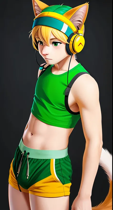 A cat boy stands in a short green top and listens to music, fluffy fur, crop top, headphones on head