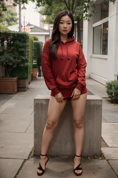 portrait photo of a beautiful 30 year old asian model named Lin Lu in a hoddie and red sandals, photorealistic, 4K, HD, realism