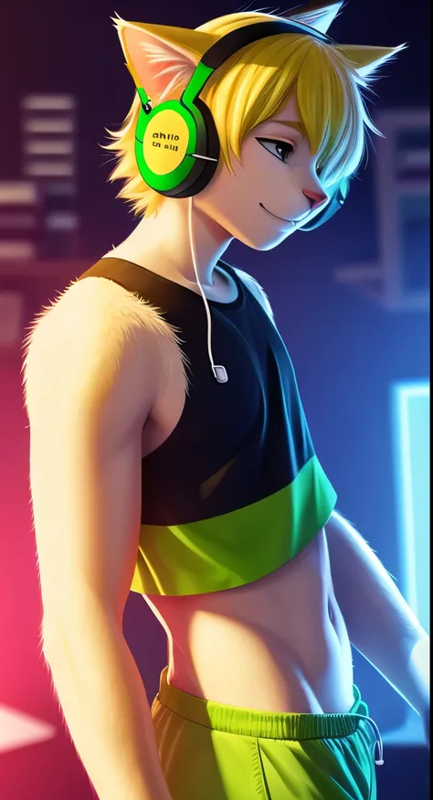 A cat boy stands in a short green top and listens to music, fluffy fur, crop top, headphones on head