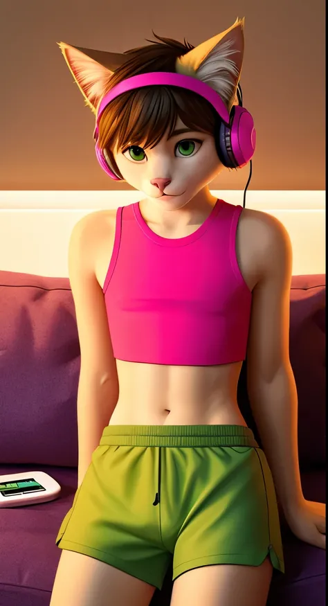 A boy cat stands in a cozy evening room in a short green top and listens to music, fluffy fur, crop top, headphones on head, cozy room with sofa, crop top, Short shorts