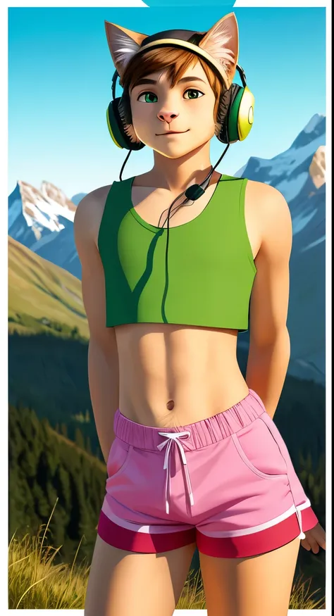 A cat boy is standing in the mountains in nature, he is wearing a short green top and listening to music, fluffy fur, crop top, headphones on head, Beautiful mountains, crop top, Short shorts