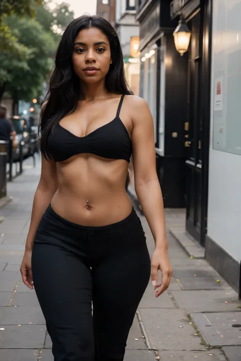 Mujer negra caminando por Londres con cuerpo bien definido con falda y mostrando el abdomen