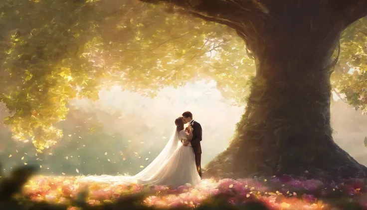 a romantic shot of the bride and groom sharing a sweet kiss under a beautiful tree in the park, with soft sunlight filtering through the leaves, creating a dreamy and enchanting atmosphere